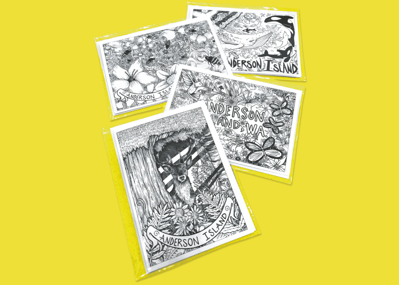 Set of (4) Greeting cards and postcards, (1) each of (4) designs, with envelopes